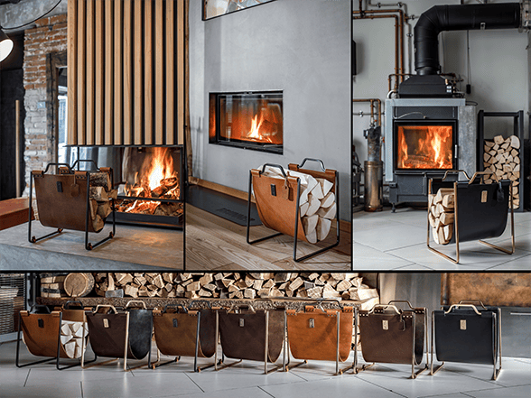 Дровницы из латуни и натуральной кожи