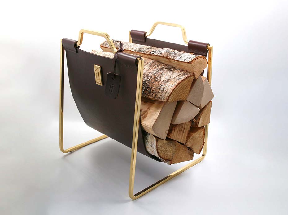 Дровница с кожаной вставкой Furnitek FG-12036 полированная латунь